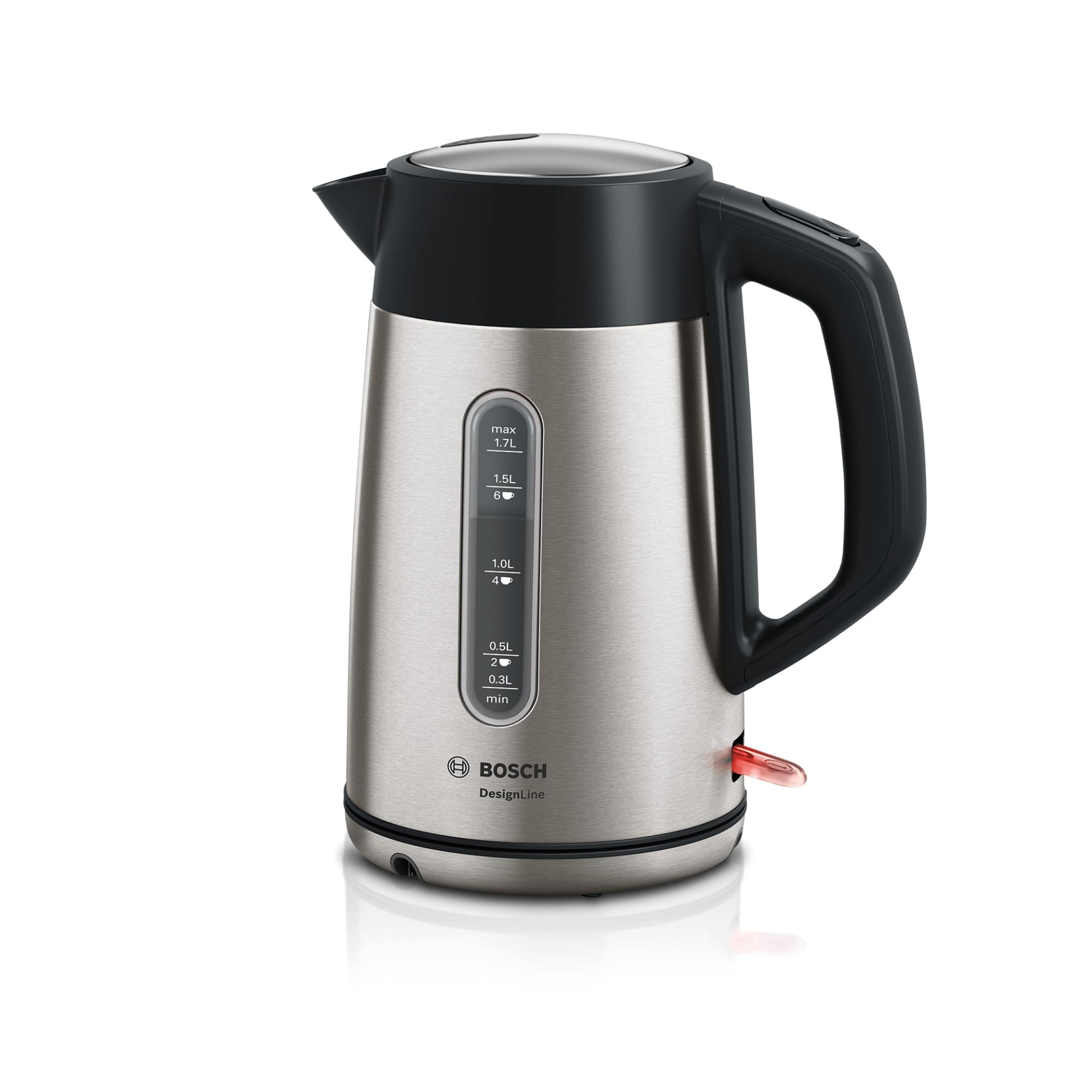 Bosch kabelloser Wasserkocher DesignLine TWK4P440, Ausgießen ohne Spritzer, Tassenanzeige, Wasserstandsanzeige, Überhitzungsschutz, 1,7 L, 2400 W, Edelstahl/schwarz Angebot bei HelloDeals