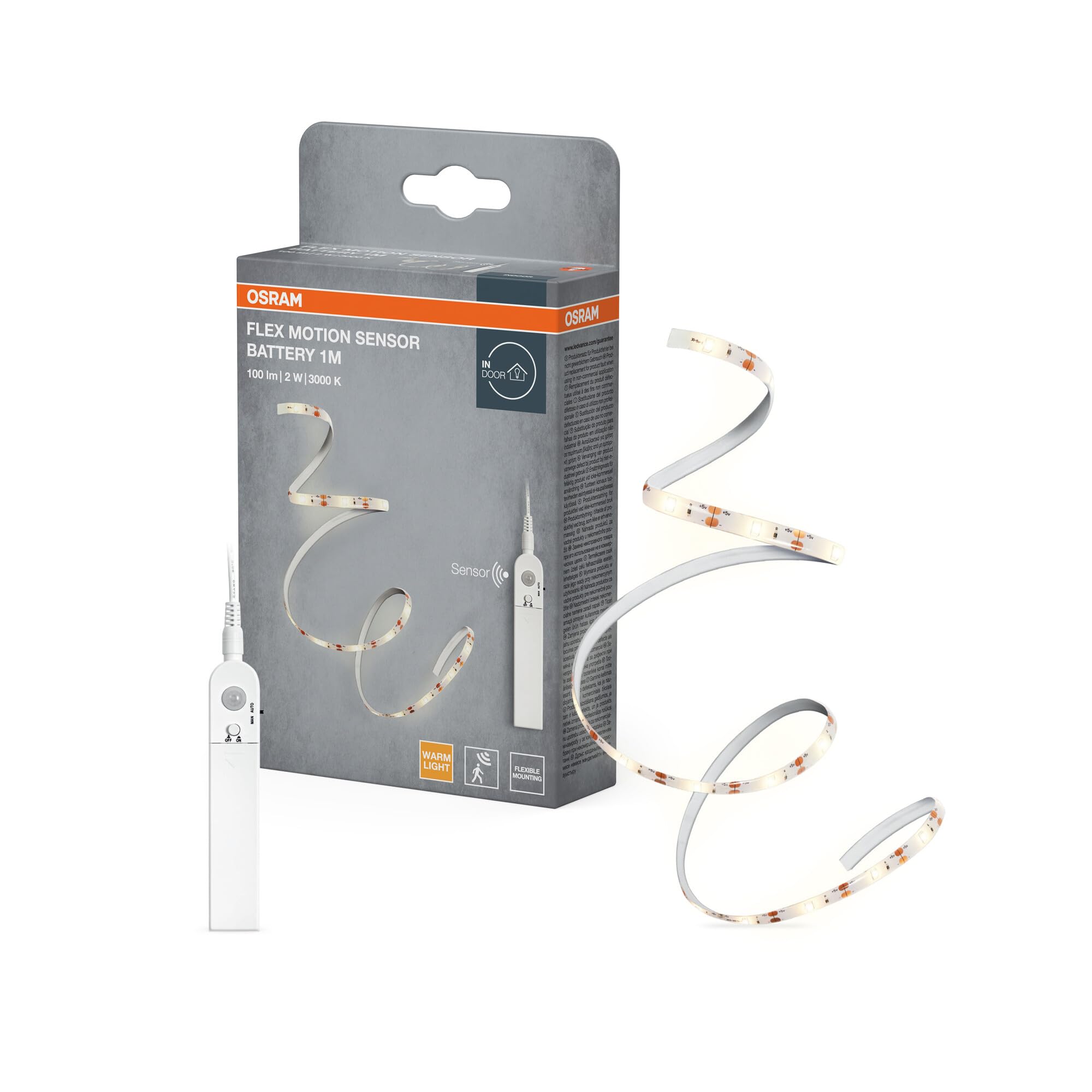 OSRAM FLEX MOTION SENSOR batteriebetriebener LED-Streifen mit warmweißem Licht und Bewegungssensor, 1m, 2W, 100lm, 3000K, 830 warmweiß, nicht dimmbar, IP20, Leuchtmittel nicht austauschbar Weiß 1M Strip mit Batterie Angebot bei HelloDeals