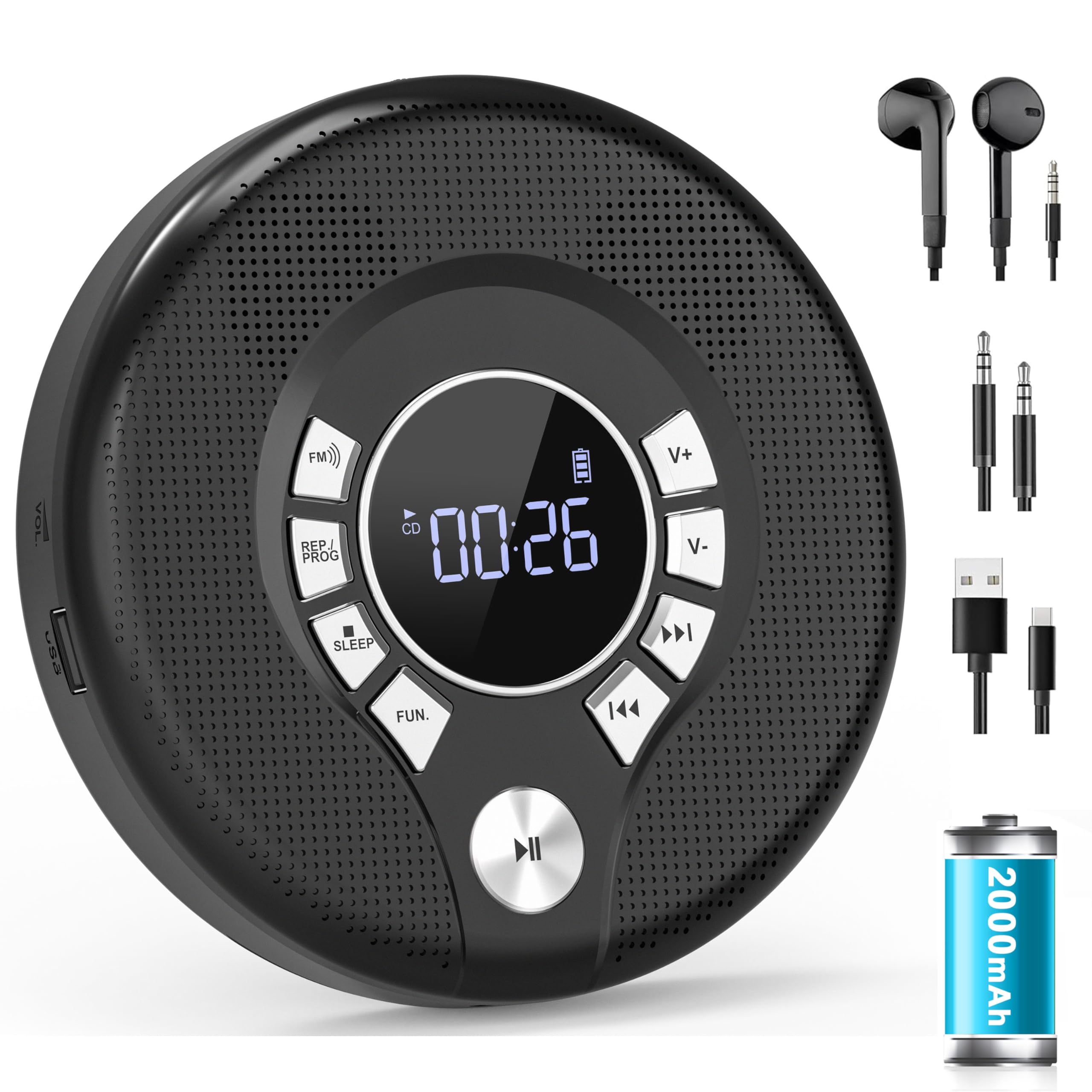 Greadio NEU 2025 CD Player Tragbar mit Kopfhörer, Discman CD Player mit Anti-Skip/Stoßfest und 2000mAh Wiederaufladbarer, Kompatibler FM-Sender, USB, AUX-Ausgang, HiFi-Doppellautsprecher für Auto Schwarz Angebot bei HelloDeals