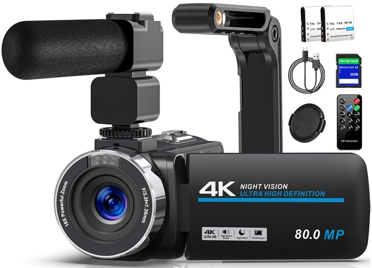 Videokamera 4K 80MP Camcorder für YouTube,30FPS Webcam IR Nachtsicht Vlogging Kamera,18X Digitalzoom 3,0 270°IPS Bildschirm Video Camera mit SD Karte, 2 Akkus, Fernbedienung, und Handstabilisator Schwarz Angebot bei HelloDeals