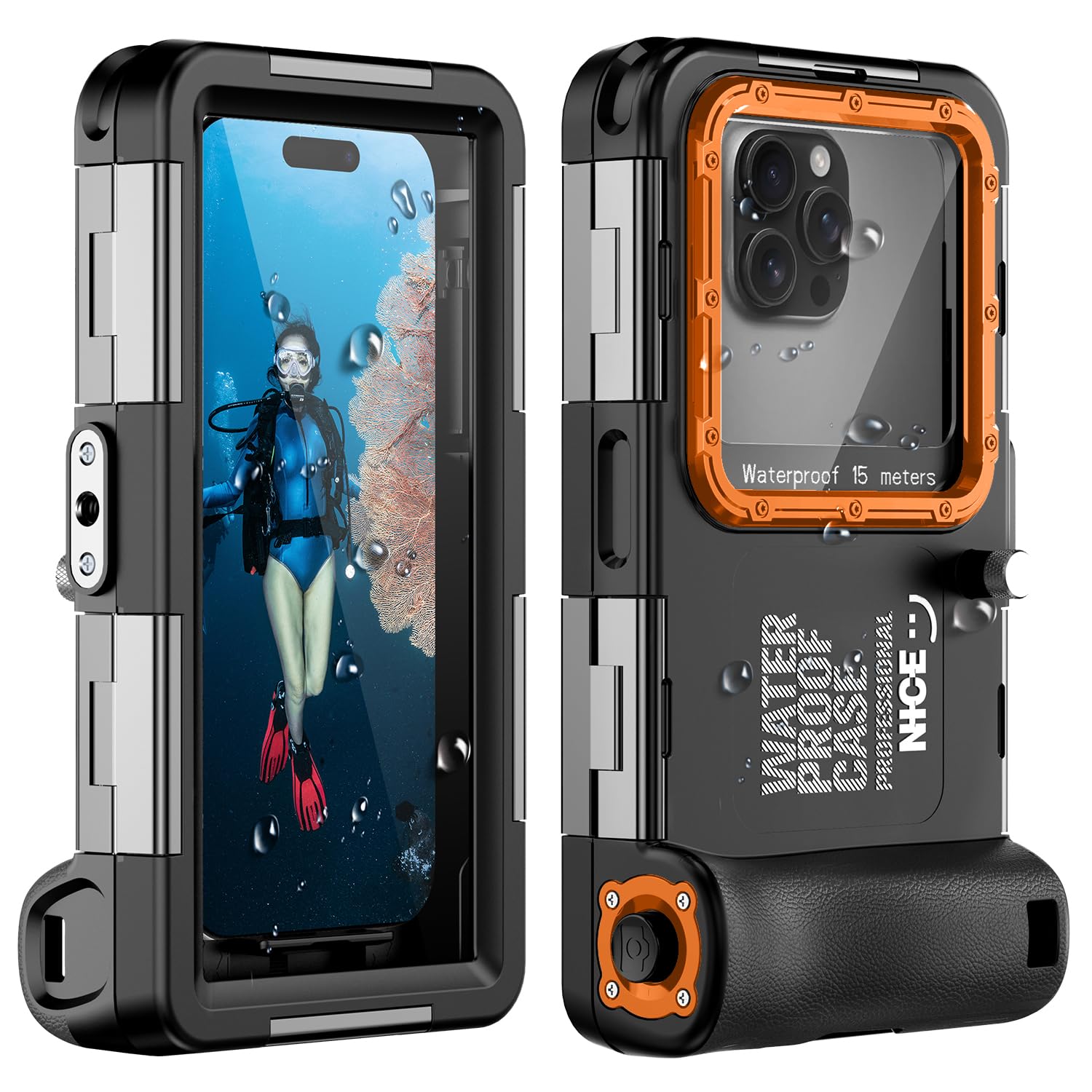 Unterwasser-Tauchgehäuse für iPhone 17/16/15/14/13/12/11 Pro Max/XR/XS/X & mehr, Professioneller Schutz [15m/50ft], wasserdichte Hülle für Schnorcheln, Surfen, Fotos & Videos (Schwarz-Orange) Angebot bei HelloDeals