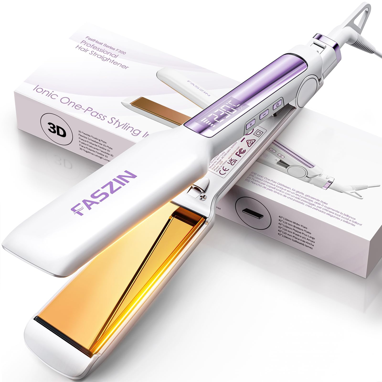 Faszin Professionelles Ionen Glätteisen, 42mm Breite Titanplatten Haarglätter für einen glatten Stil, weniger Haarbruch, 30s Schnelles Aufheizen, 11 Temperatureinstellungen, 130°C-230°C Reinweiß Angebot bei HelloDeals