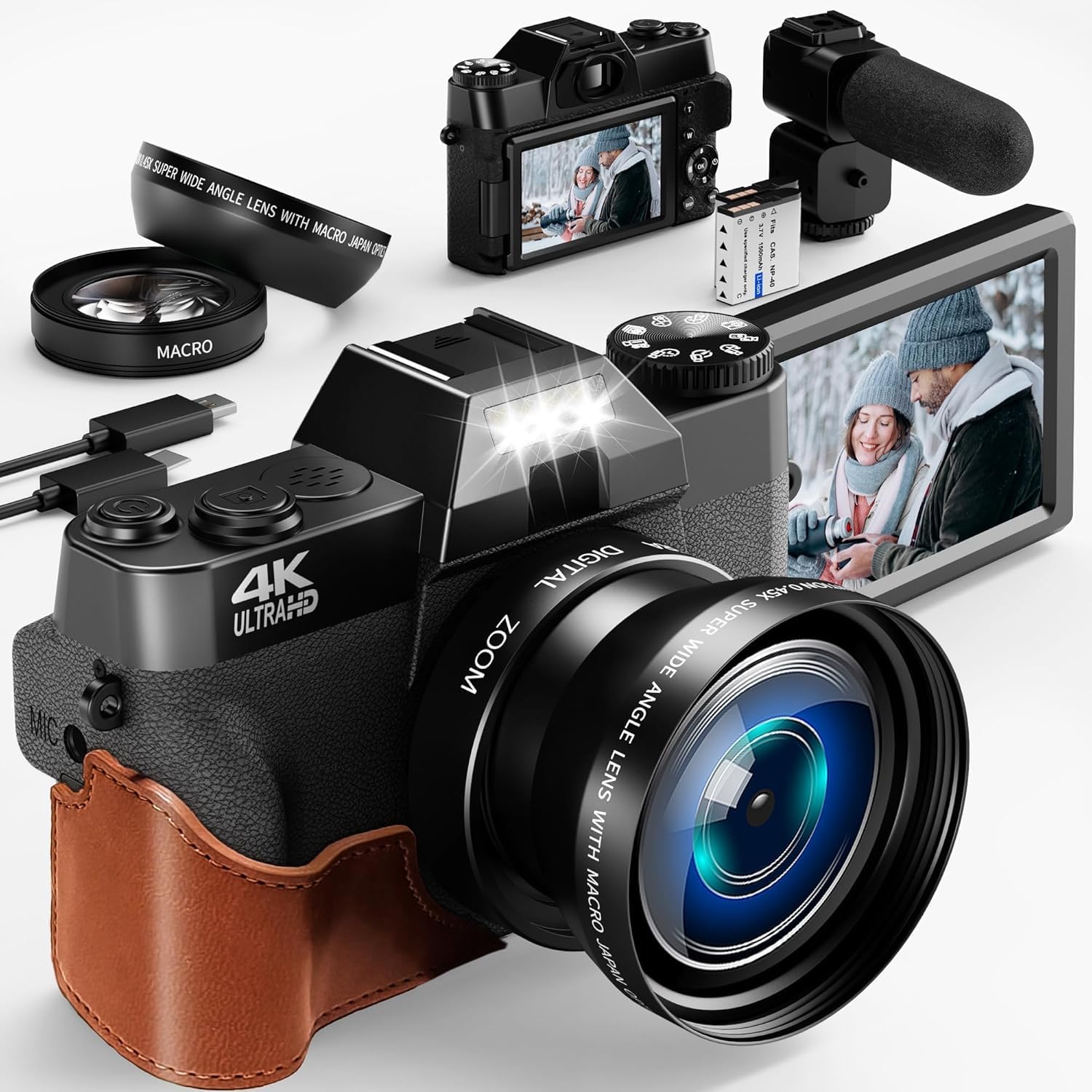 4K Digitalkamera 18X Digitalzoom 56MP Fotokamera mit Weitwinkel+Macro Linse, mit WiFi und Manueller Fokus, 64G TF Karte 3.0" Kompaktkamera 180° Flip 4K+WIFI+MIC Angebot bei HelloDeals