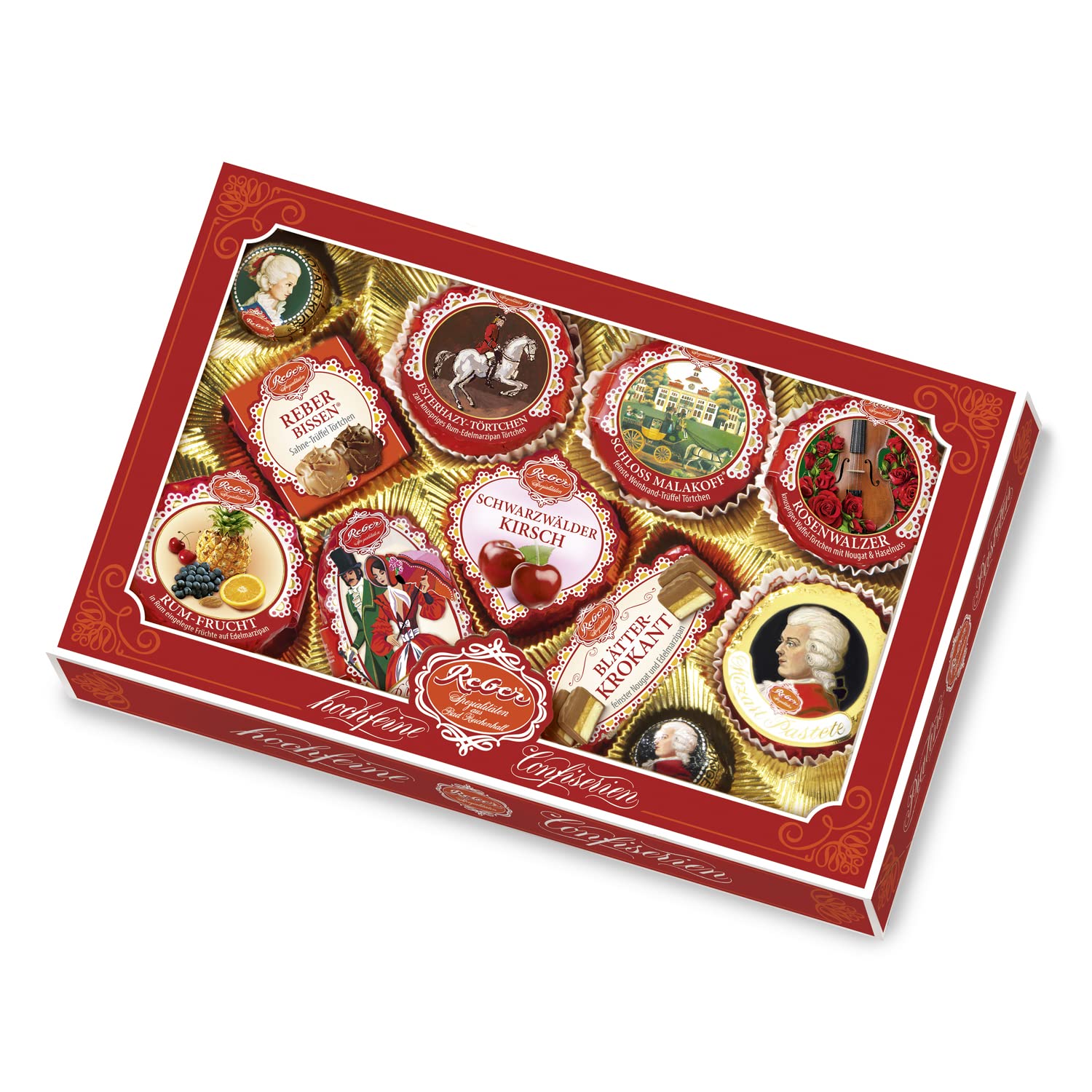 Reber Spezialitäten-Kassette, Pralinen, Mozart-Kugel, Constanze-Mozart-Kugel, Marzipan, Pasteten, Nougat, Tolles Geschenk, 11er-Packung, 1 x 380 g Haselnuss 11 count Angebot bei HelloDeals