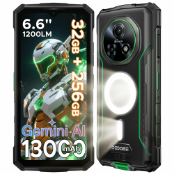 DOOGEE Fire 5 Ultra Android 15 Outdoor Handy ohne Vertrag, 32GB RAM/256GB ROM(2TB) 1200LM Dual, 13000mAh Großer Akku Handy, 6.6" HD+90Hz, 48MP+8MP Outdoor Smartphone, Gemini AI/Face ID/NFC/OTG/GPS GREEN Angebot bei HelloDeals