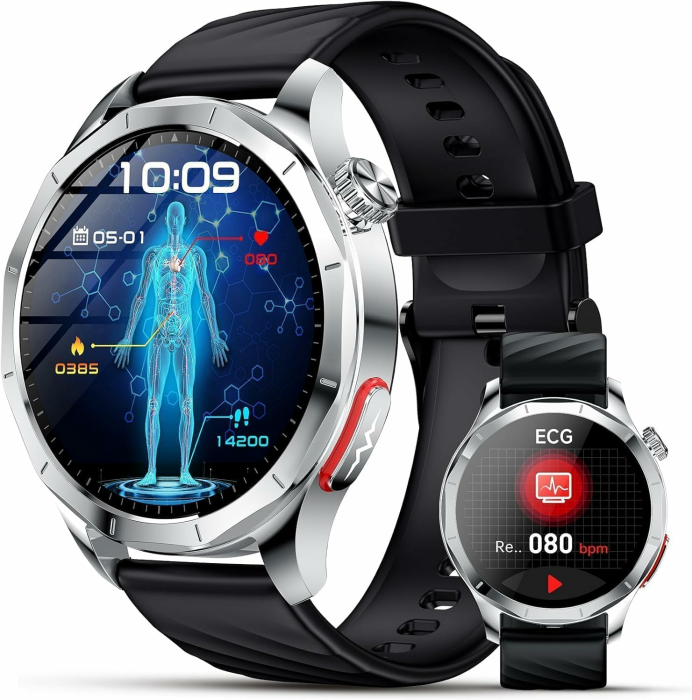 2026 Neu Smartwatch Herren mit EKG/HRV/ΒΙυtｚυcker/BMI/Harnsäure, 1,43" AMOLED Gesundheitsuhr mit 24H ΒΙυtdrυck SpO2 Apnoe Schlafmonitor SOS-Notruf Fitnessuhr für Android/iOS Schwarzes Silikon (silberner Rahmen) Angebot bei HelloDeals