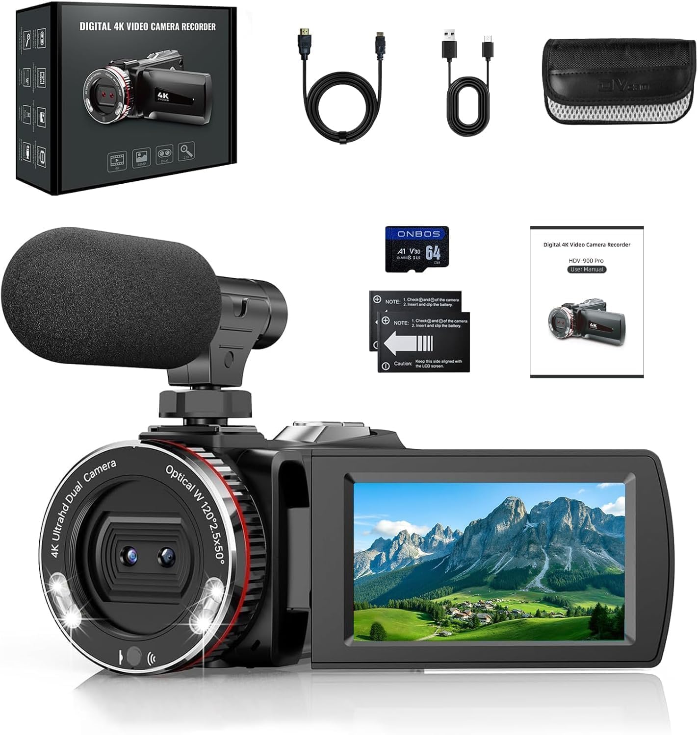 Videokamera 4K Camcorder, 21X Digital Zoom Vlogging Kamera, 64MP Vlog Kamera für YouTube, 3.0'' 270°Drehbarer Screen Camcorder 4K mit 64 GB Karte, Externem Mikrofon, 2 Batterien Angebot bei HelloDeals