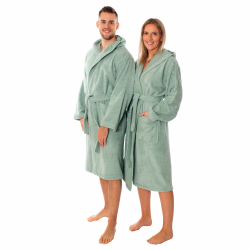 Lavea Mexico – Bademantel Damen & Herren aus 100% Baumwolle – weicher Frottee Morgenmantel mit Kapuze, Unisex Design, Ideal für Sauna & Zuhause, saugstark & pflegeleicht Eukalyptus M Angebot bei HelloDeals