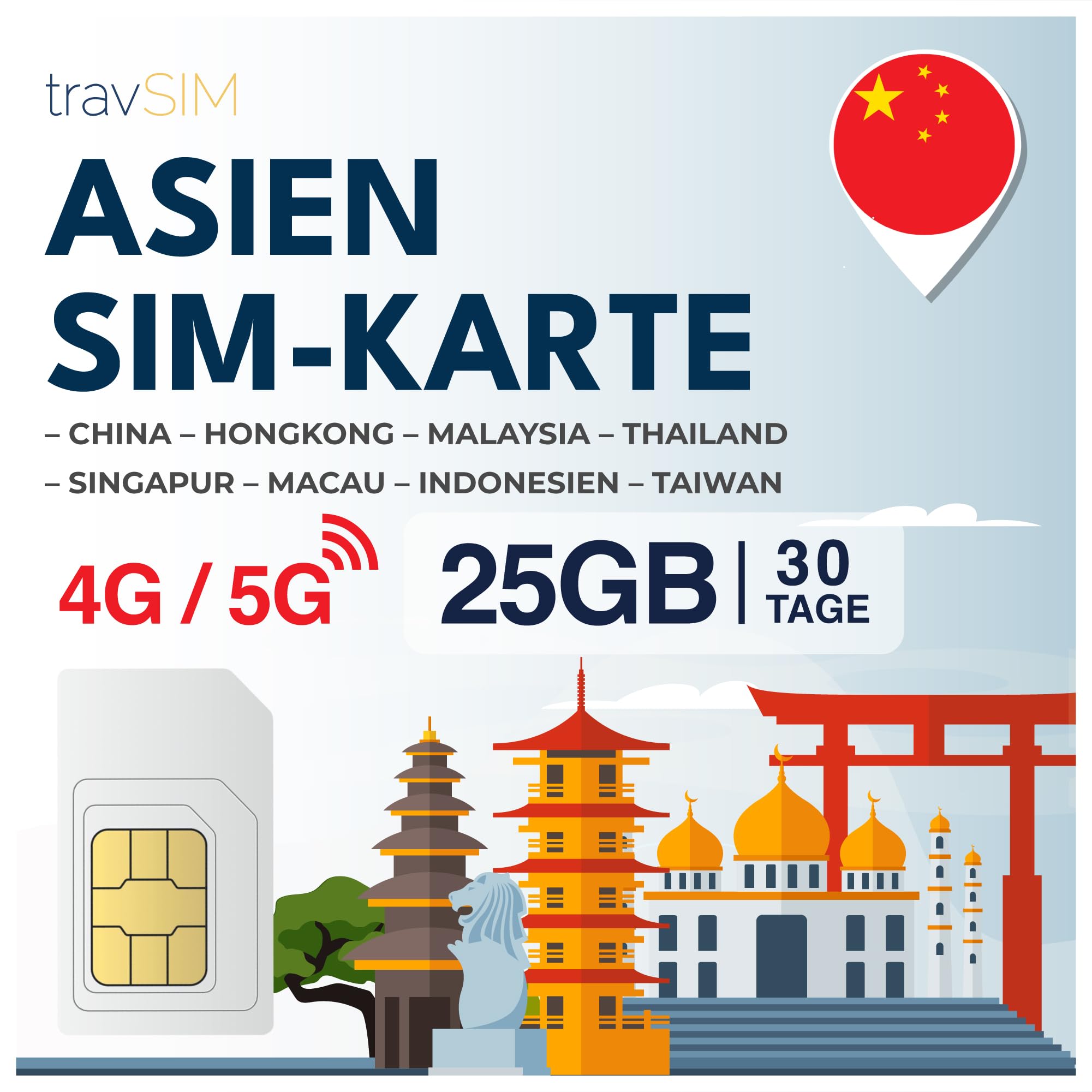 Asien SIM Karte travSIM | 30 Tage - 25GB | SIM Karte Asien, Nutzung in Macau, China, Hongkong, Malaysia, Thailand, Singapur & mehr | Zugang zu Google, Facebook, Whatsapp & mehr | Keine Roamingkosten SIM Card 30 Days - 25GB Angebot bei HelloDeals