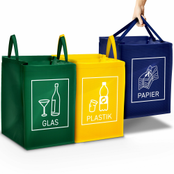 3er Set Mülltrennsystem Abfalltrenner für Papier, Plastik und Glas mit praktischem Transportgriff Angebot bei HelloDeals