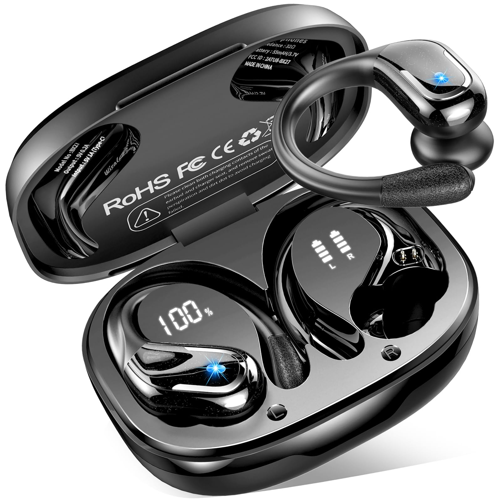Bluetooth 5.4 Kopfhörer Sport, 75Std 2026 Kopfhörer Kabellos Bluetooth, 3D-Stereo Bass 3.0, IP-X8 Wasserdicht Wireless Headphone, 4 ENC Noise Cancelling Mic Earbud, USB-C in-ear Ohrhörer Joggen Gym A-Schwarz Pro Angebot bei HelloDeals