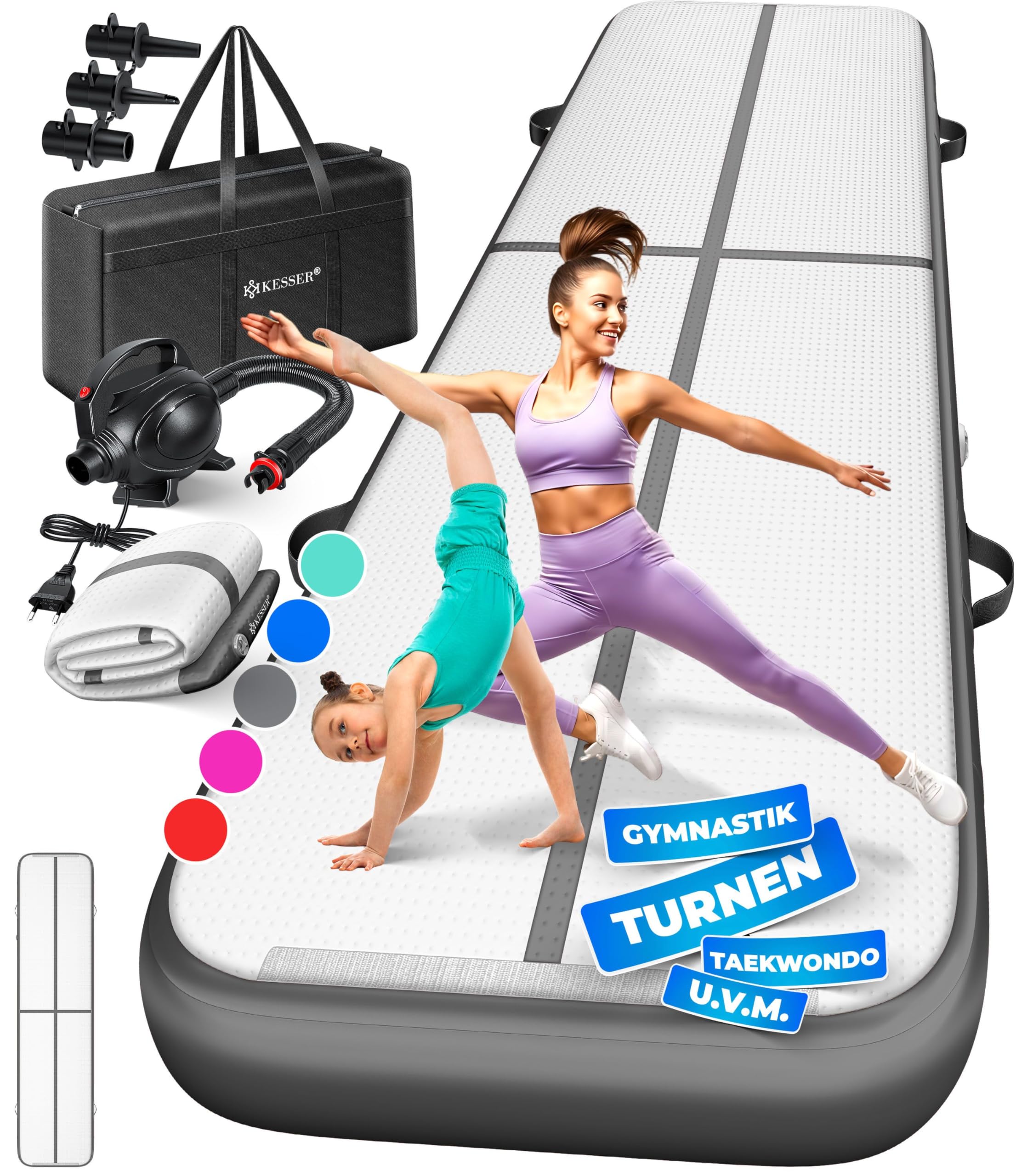 KESSER® Turnmatte Aufblasbar Airtrack 2m/3m/4m/5m/6m Fitness-Matte Gymnastikmatte | inkl. Tragetasche & elektr. Luftpumpe | Yogamatte, Tumbling Matten, Trainingsmatte, Turn- & Fitness Anthrazit 400 x 100 x 10 cm Angebot bei HelloDeals
