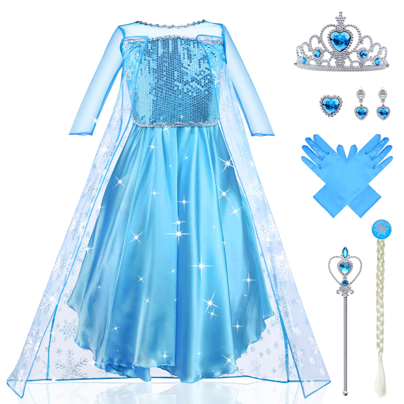 URAQT Kostüm Kinder Mädchen, 9-teiliges Set Kleid Kinder mit Krone Diadem Handschuhe Zauberstab für Weihnachten Verkleidung Karneval Halloween Geburtstag Party 110 Angebot bei HelloDeals