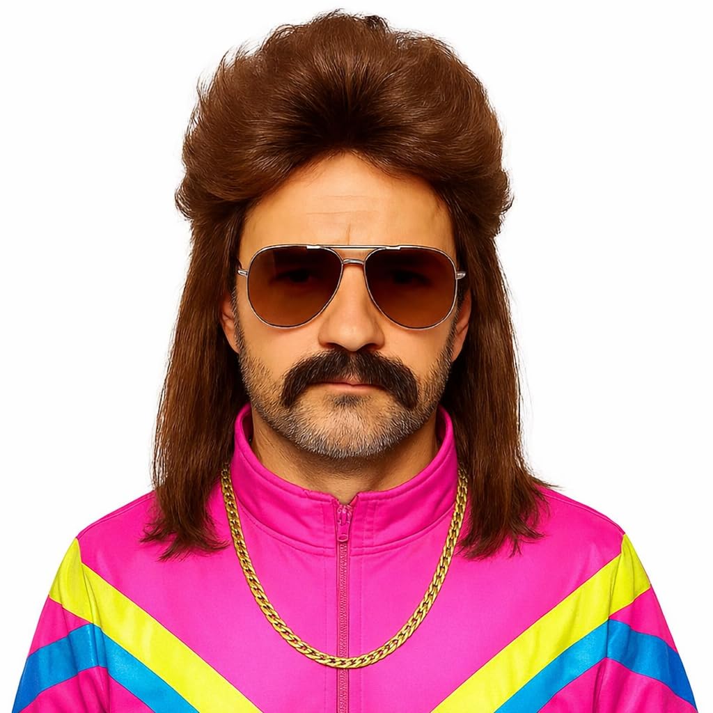 Vokuhila Assi Perücke – Retro Accessoire für Herren, 80er & 90er Kostüm, Neon Outfit, Fasching & Karneval (Braun) Angebot bei HelloDeals