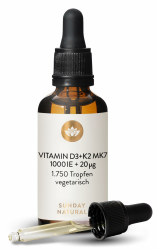 SUNDAY NATURAL® Vitamin D3 K2 Tropfen – Premium Vitamin D 3 1.000 IE + K2-MK7 ≥99,8% all-trans 20µg – Kölner Liste® - 50 ml - Hohe Bioverfügbarkeit ohne unnötige Zusätze, laborgeprüft Angebot bei HelloDeals