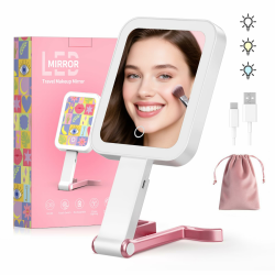 Kosmetikspiegel mit Beleuchtung, Wiederaufladbarer Tragbarer Schminkspiegel mit Beleuchtung 3 Farblichter, Dimmbarer Touchscreen Vergrößerungsspiegel Faltbarer Rasierspiegel Reise-Make-up-Spiegel Rosa Angebot bei HelloDeals