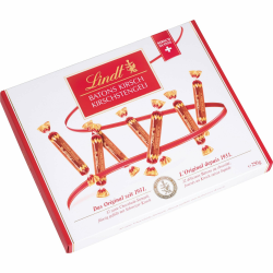 Lindt Schokolade Batons Kirschstengeli | 250 g | 32 Vollmilchschokoladestengli gefüllt mit flüssigem Schweizer Kirschlikör | Pralinengeschenk mit Alkohol | Schokoladengeschenk Kirsch-Stengeli 18 cm x 9 cm x 1.5 cm Angebot bei HelloDeals