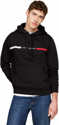 Tommy Hilfiger Herren-Kapuzenpullover aus Fleece, mittelschwer, mit charakteristischem Streifenlogo S Black (Black) Angebot bei HelloDeals