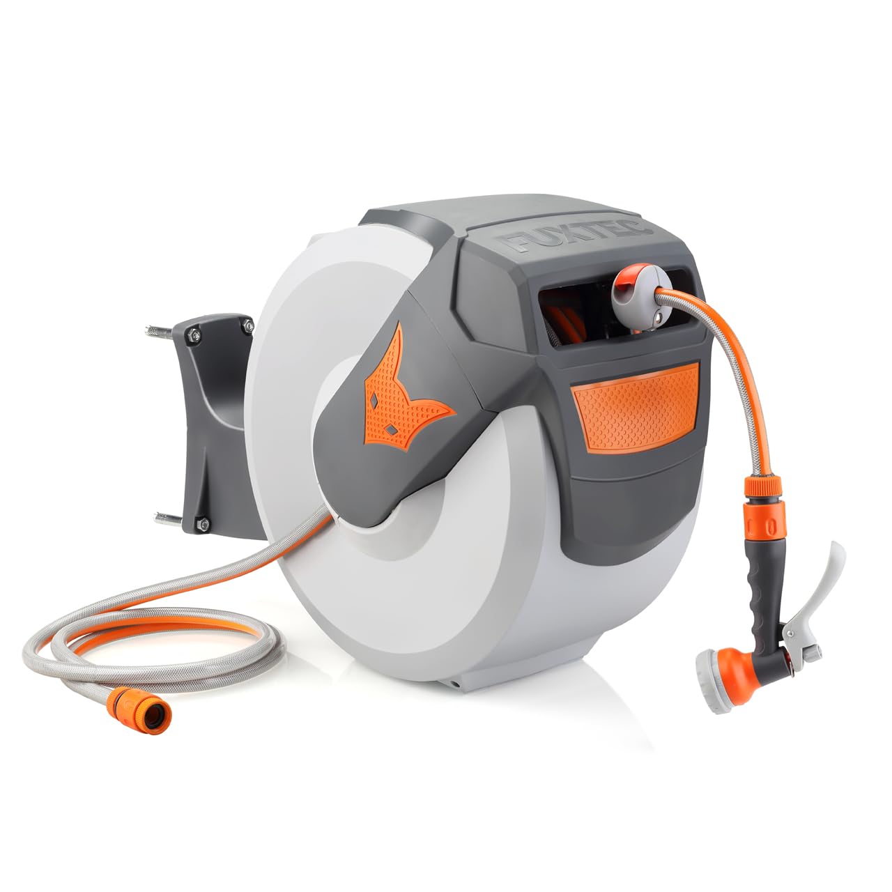 FUXTEC automatische Schlauchtrommel FX-WSA30 – 30 m Gartenschlauch ½ Zoll – Schlauchaufroller zur Wandmontage inkl. Handbrause und Anschlüssen – 180° schwenkbar (65x29x46 cm) 30 Meter (Orange) Angebot bei HelloDeals