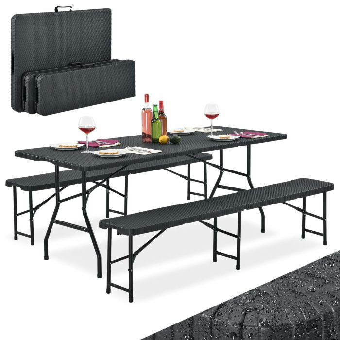 Juskys Bierzeltgarnitur Amberg 3-teilig & klappbar - 180 x 74 x 74-2 Bierbänke & Biertisch in Rattan-Optik Gartenmöbel-Set Festzeltgarnitur Camping Angebot bei HelloDeals