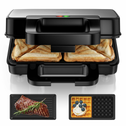 Arendo - Kontaktgrill 3 in 1 - mit Wechselplatten - Sandwichmaker – Waffeleisen – Sandwichmakler XXL - Antihaftbeschichtung – für Sandwiches, belgische Waffeln, Grillgut uvm - klein und kompakt Angebot bei HelloDeals