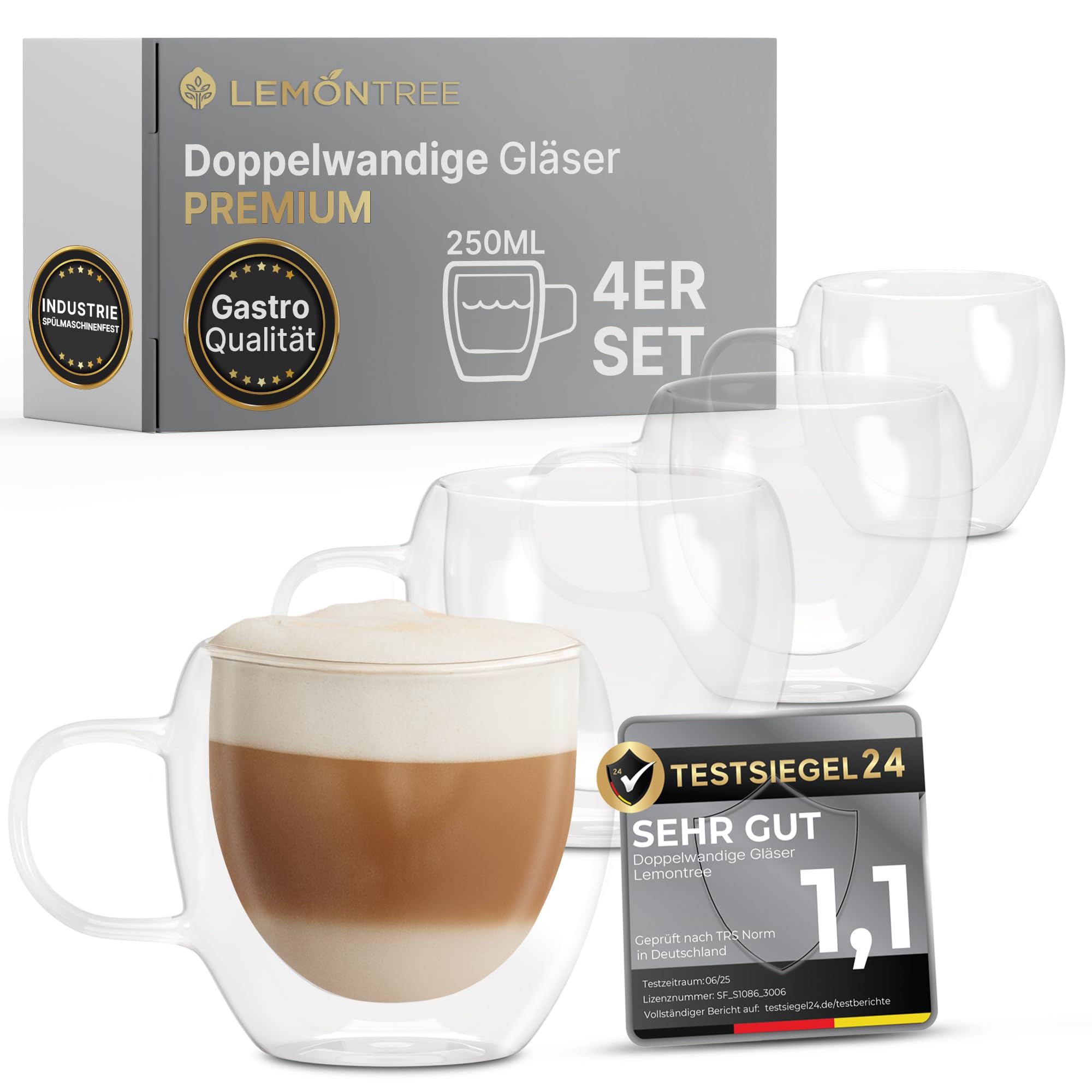 Lemontree 4er Set Cappuccino Tassen 250ml - 180 Grad spülmaschinenfest und hitzebeständig - Gastronomie Qualität - doppelwandige Gläser mit Henkel aus Borosilikatglas für Cappuccino Latte Macchiato Cappuccino Tassen 250 ml (4er Set) Angebot bei HelloDeals