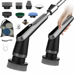 Elektrische Reinigungsbürste, Electric Cleaning Brush mit 7 Wechselbürsten, IPX7 wasserdichte Putzbürste Elektrisch,Verstellbarem Griff Elektrische Bürste für Bad Fliesen Küche Boden Auto Schwarz Grau Angebot bei HelloDeals