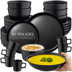 tectake® 30-tlg. Kombiservice, Geschirrset, Tafelservice 6 Personen, Steingut Geschirr Set schwarz, Teller Set mit Schalen, Kaffeetassen, Speiseteller, Frühstücksteller, tiefe Teller, Schüsseln Schwarz 30-tlg. Angebot bei HelloDeals