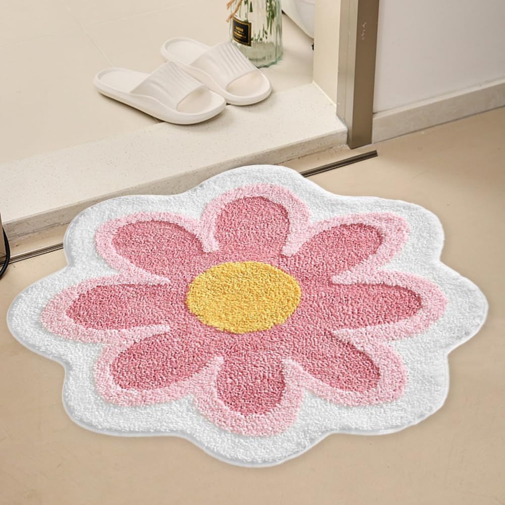 Teppich Badematte rutschfest - 40 x 40 cm Blumen Gänseblümchen Badvorleger Waschbar mit Hoher Hygroskopizität, Badematten für Bad Küche Wohnzimmer Toilette (Rosa) Angebot bei HelloDeals