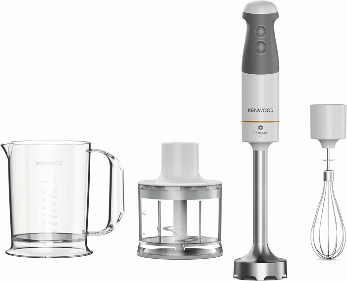 Kenwood Stabmixer HBM40.302WH, TriBlade System mit 3 Klingen, 1 Geschwindigkeit + Turbo, Metallstab 20 cm, inklusive Schneebesen, Messbecher, Zerkleinerer 0,5 l, 850 W, Weiß Modell 2023 Angebot bei HelloDeals