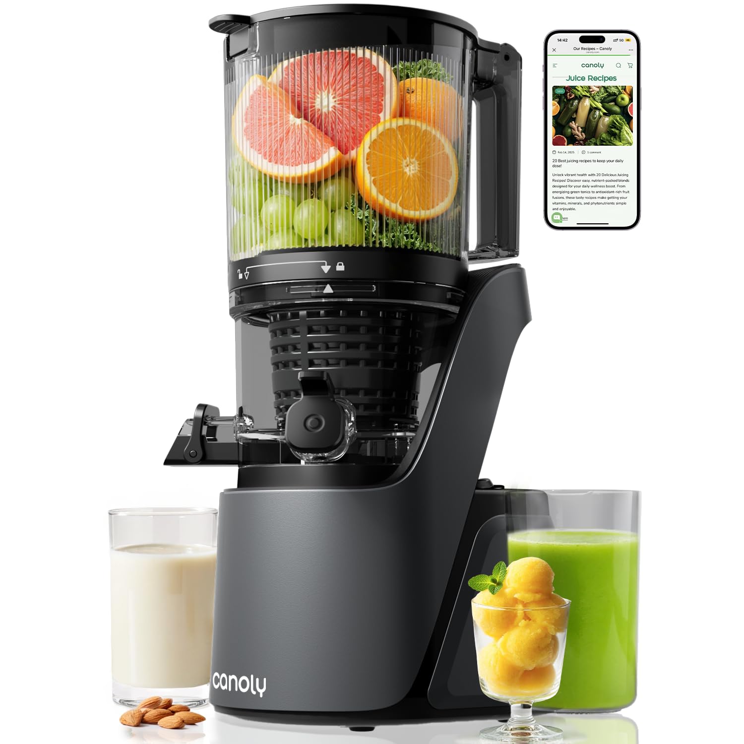 Canoly Entsafter mit 150 mm extra Großer Einfüllschacht, 3-in-1 Sieb (für Saft, Sorbet & Nussmilch), 2,6 L Füllvolumen Slow Juicer mit AC-Motor, Selbstschneid-System Kaltpresse Saftpresse, BPA-Frei Sternen Grau Angebot bei HelloDeals
