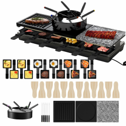 UISEBRT Raclette Grill für 12 Personen,3 in 1 Raklettgerät mit Pfännchen,Fondueset,heißer Stein,12 Pfännchen und 12 Holzspachtel,Raclettegrill antihaftbeschichteter Grillplatte,1650W Angebot bei HelloDeals