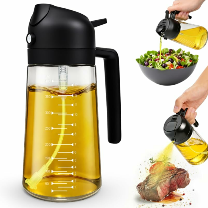 2 in 1 Ölsprüher für Speiseöl, Sprühflasche Öl, 470ML Cooking Oil Sprayer, Ölausgießer für Heißluftfritteuse, Sprühöl, Zum Kochen,Grillen,Küche, Heißluftfritteuse, Würzpressflaschen Schwarz Angebot bei HelloDeals