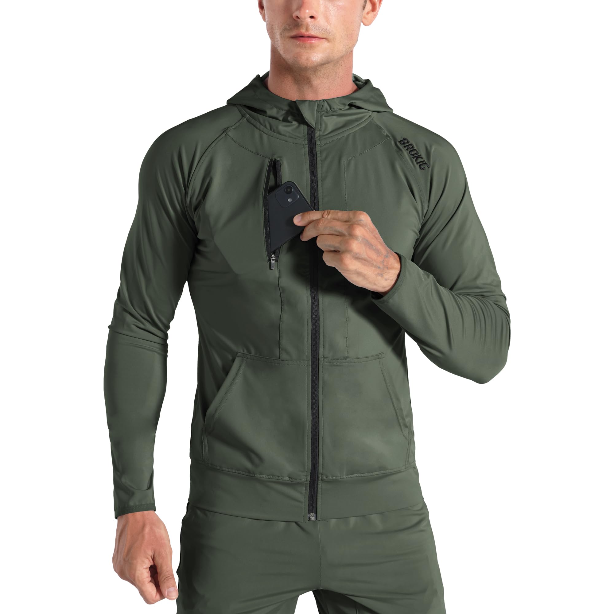BROKIG Leichte Hoodie Herren,Schnelltrocknende Laufjacke Atmungsaktives Kapuzenpullover Trainingsjacke mit Reißverschluss M Armeegrün Angebot bei HelloDeals