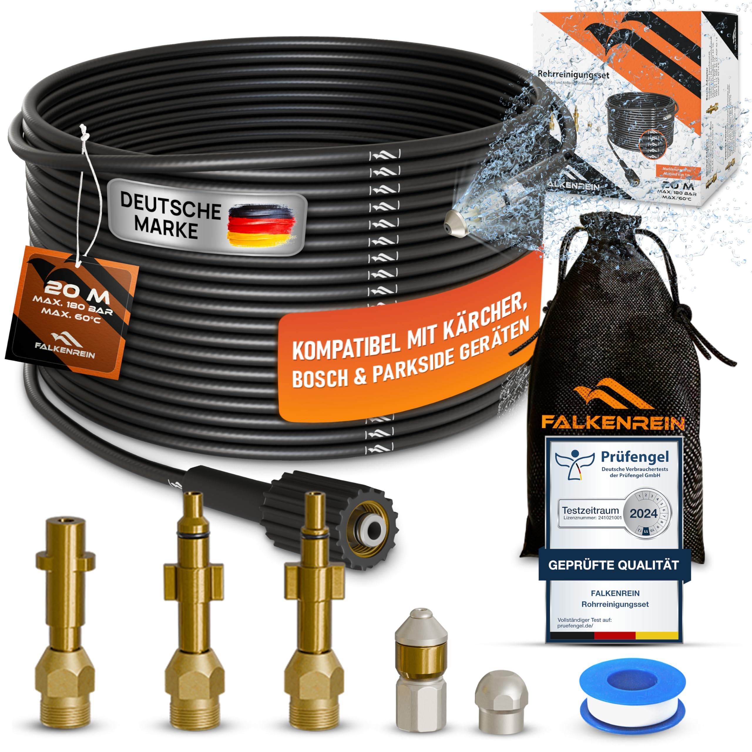 Rohrreinigungsschlauch 20m | Kompatibel mit Kärcher, Parkside und Bosch Hochdruckreiniger | Premium- Rohrreinigungsset, reinigt verstopfte Rohre und Abflüsse mühelos Premium+ Angebot bei HelloDeals