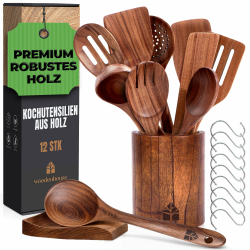 Holz kochlöffel Set 12 Stück aus Teakholz - Robuste Holzlöffel Set mit Halter, Haken und Ablage, Pfannenwender Holz & Kochbesteck - Natürlich & Perfekt für Antihaft, BPA-FREI küchenhelfer 12 Teiliges Set Angebot bei HelloDeals