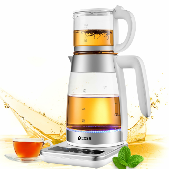 Teekocher elektrisch mit Temperatureinstellung Glas Wasserkocher Teemaschine Warmhaltefunktion mit Temperaturwahl BPA Frei LED Beleuchtung 360° Basis 1,8 Liter + 0,8l Fassungsvermögen Angebot bei HelloDeals