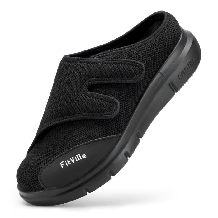 FitVille Senioren Hausschuhe Slipper Herren Extra Weit mit Klettverschluss Pantoffeln Reha-Schuh 47 EU X-Weit Schwarz Angebot bei HelloDeals