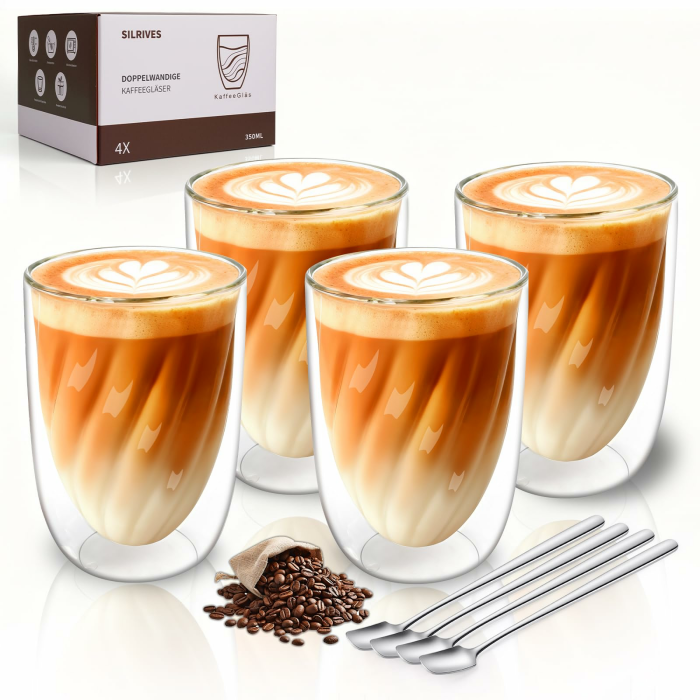 Latte Macchiato Gläser Doppelwandig 350ml 4er Doppelwandige Kaffeegläser Teegläser mit 4 Löffeln Borosilikatglas Thermogläser Doppelwandig für Cappuccino Eiskaffee Espresso Tee Milch Bier Angebot bei HelloDeals