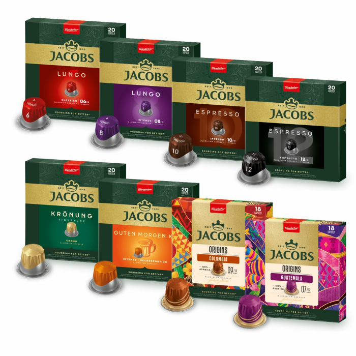 Jacobs Kaffeekapseln Vielfaltsbox, 8 Sorten, 6 x 20 + 2 x 18 Getränke, Nespresso* kompatible Kaffee Kapseln, 156 Kapseln Angebot bei HelloDeals