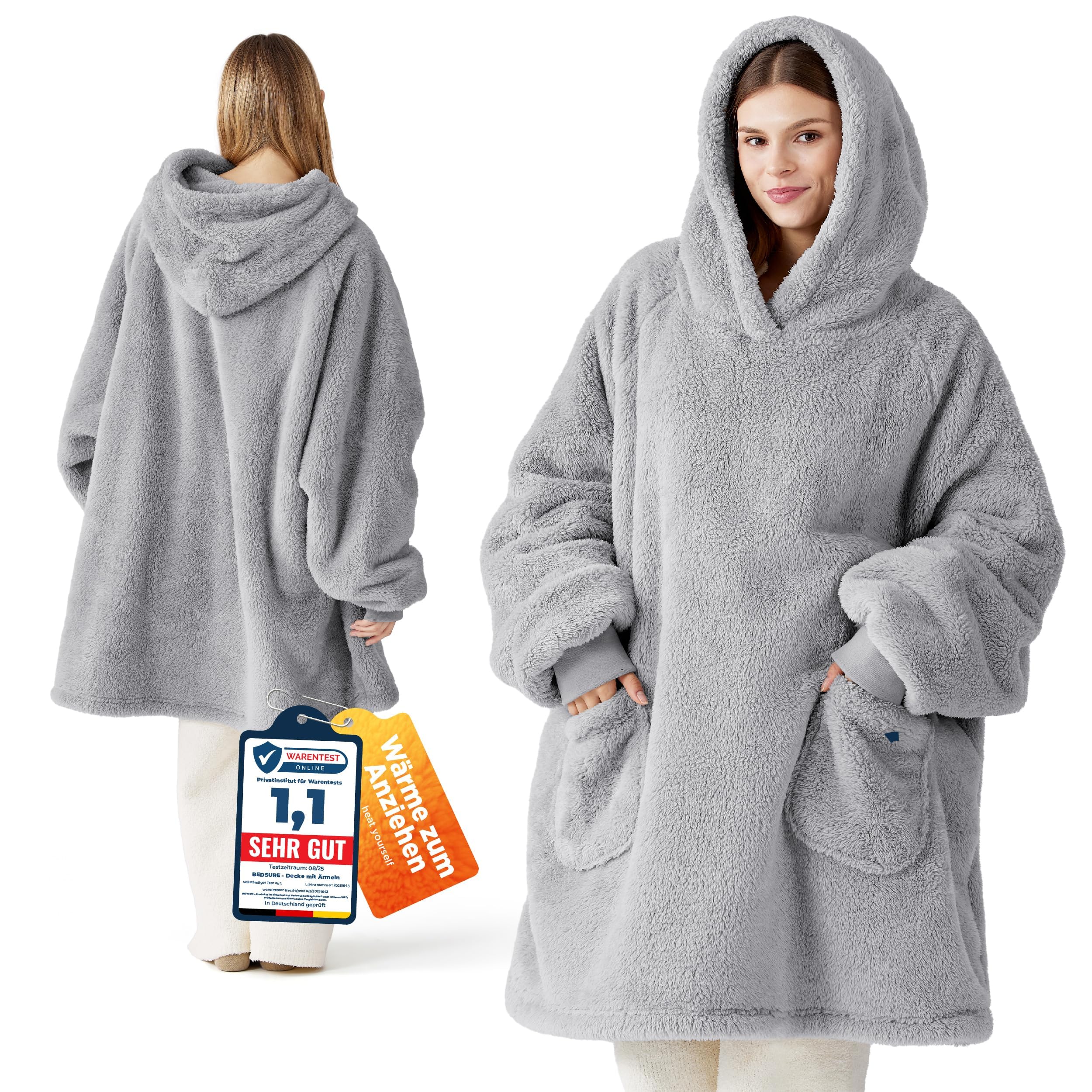BEDSURE Hoodie Decke mit Ärmeln - Kuschelpullover als Geschenke für Frauen - Tragbare Decke zum Anziehen Erwachsene Kuscheldecke mit Ärmeln Weich Warm Geschenke für Freundin Mütter, Grau 95x85 cm L Kurz 05 Grau Angebot bei HelloDeals