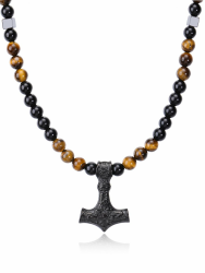 Wikinger Thors Hammer Halskette für Herren Perlenkette Tigerauge Obsidian Kette mit Thor Mjölnir Anhänger Keltischer Knoten Nordisches Schmuck Amulett Geschenk für Männer Angebot bei HelloDeals