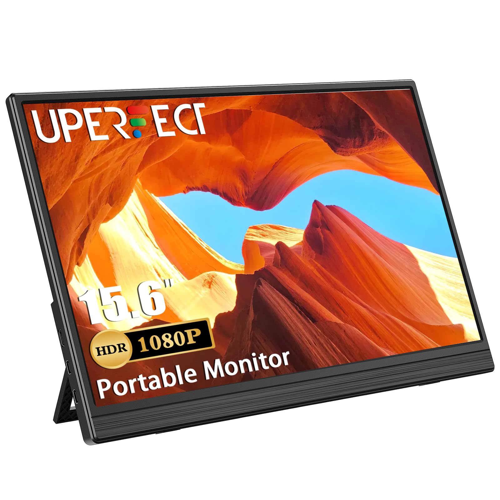 UPERFECT Portable Monitor 15,6 Zoll Zweitdisplay mit 1200:1 1920 x 1080 Full HD IPS-Bildschirm Integrierter Ständer Mini HDMI USB C für Laptop PC Handy Spielekonsole, VESA-kompatibel, Schwarz 15.6 1080P Angebot bei HelloDeals
