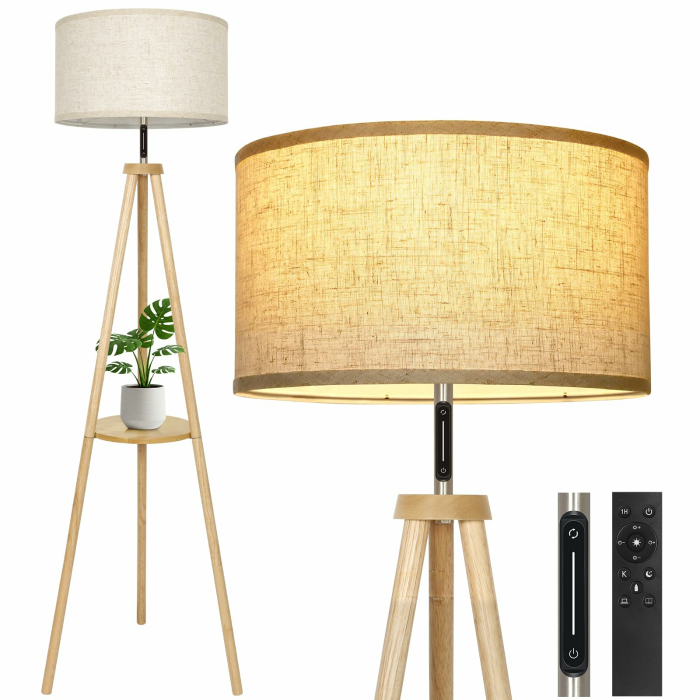 OUTON Stehlampe Holz Dreibein, Modern Dimmbar Stehlampe mit Fernbedienung & Touch-Steuerung, 4 Farbtemperaturen, 1H Timer, Stehleuchte mit Regal & Leinen-Lampenschirm für Schlafzimmer, Wohnzimmer,Büro Holz mit Touch Angebot bei HelloDeals