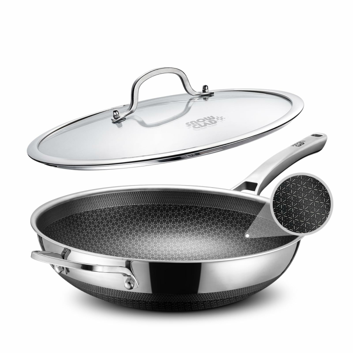 Wokpfanne, 32cm Hybrid-Woks und Bratpfannen, Antihaft Wabenpfanne mit Deckel, Edelstahlpfanne, Pfanne induktion, Für Alle Herdarten Geeignet, Ofen-und Spülmaschinenfest, Pfoa Frei Angebot bei HelloDeals