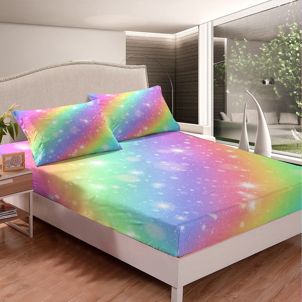 Homemissing Galaxis Bettlaken Set Glitter Regenbogen Streifen Dekor Spannbettlaken 140x200cm für Kinder Jungen Universum Sternenhimmel Spannbetttuch Bunte Funkeln Sterne Raum mit 1 Kissenbezügen 2St Mehrfarbig 19 140x200+80x80x1 Angebot bei HelloDeals