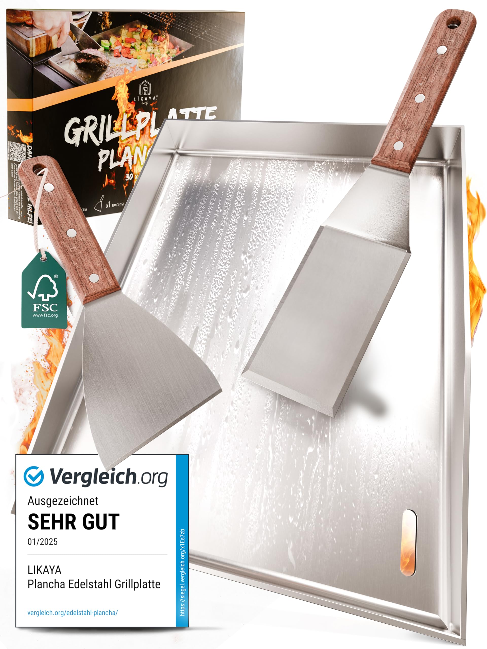 Plancha Grillplatte [30x40cm] mit 2x Grillspachtel mit FSC-Akazienholzgriff Grillzubehör | Verzugsfreier Edelstahl | Plancha Gasgrill Kohlegrill | Geschlossene Ecken ohne Auslaufen Plancha-set 30x40cm Angebot bei HelloDeals