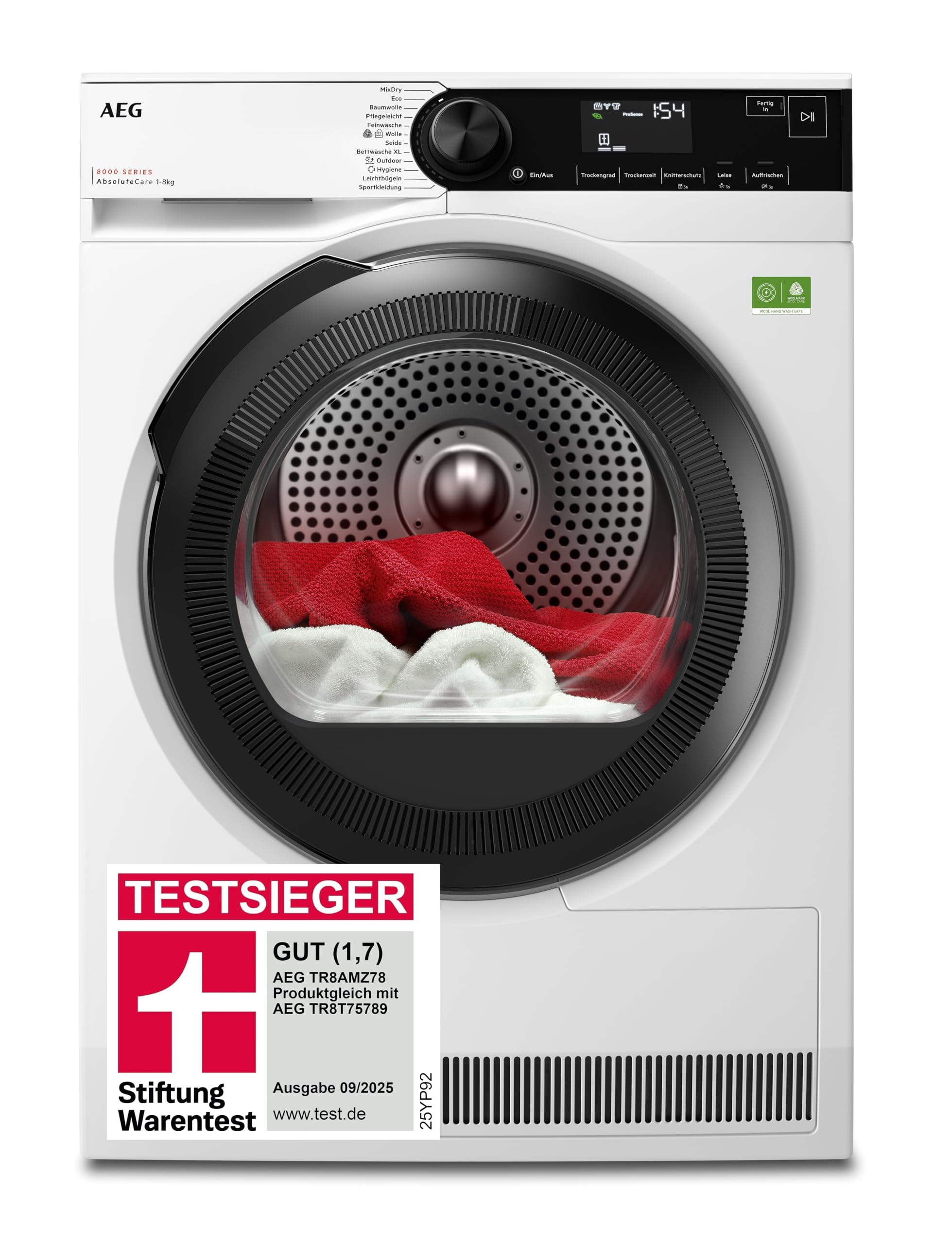 AEG Wärmepumpentrockner 8kg, Testsieger der Stiftung Warentest 2025, neue Energiekl. B, Serie 8000 AbsoluteCare Wolle- & Seidetrocknung, Reversierautomatik für Knitterschutz, Innenbeleuchtung TR8AMZ78 B | 8kg | Wolle Angebot bei HelloDeals