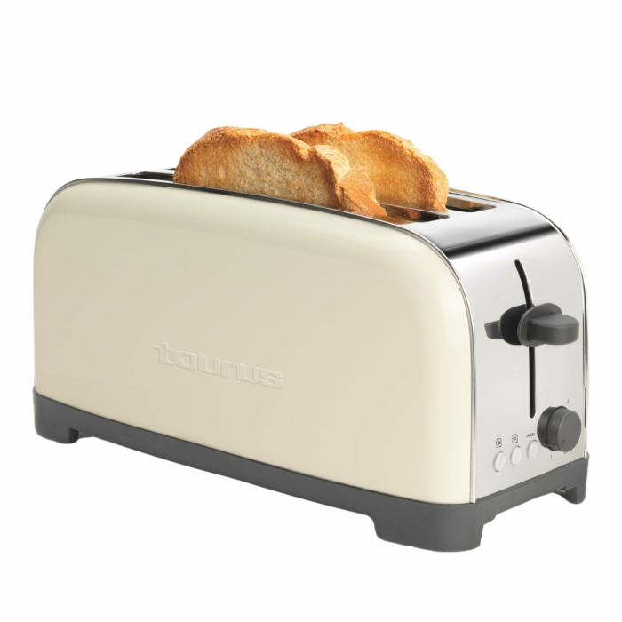 Taurus – Toaster Vintage Creme, 1500W, 2 extra lange Schlitze, 7 Bräunungsstufen, 3 Funktionen, Edelstahlgehäuse, automatische Zentrierung, Krümelschublade, extra Hebefunktion, Kabelaufwicklung Angebot bei HelloDeals