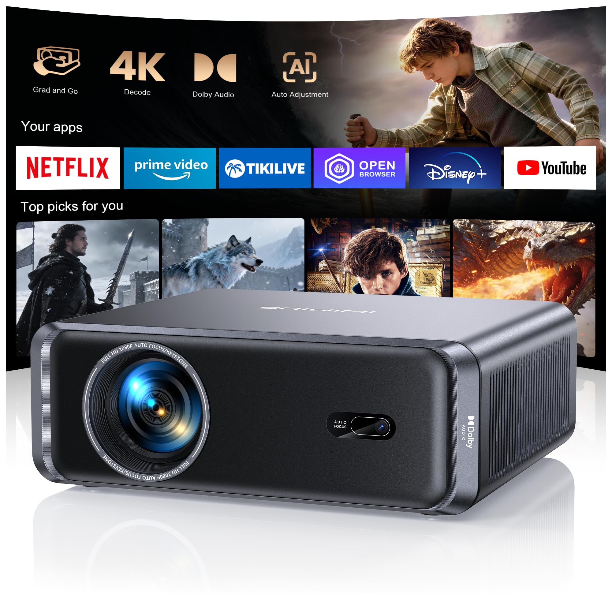 Smart Beamer 4K mit Official Netflix, Dolby Audio, 1000 ANSI Beamer 4K Heimkino Unterstützt Auto Focus/6D Trapezkorrektur, WiFi 6/Bluetooth Full HD 1080P Projektor Outdoor Garten für Android/iPhone XS Schwarz Angebot bei HelloDeals